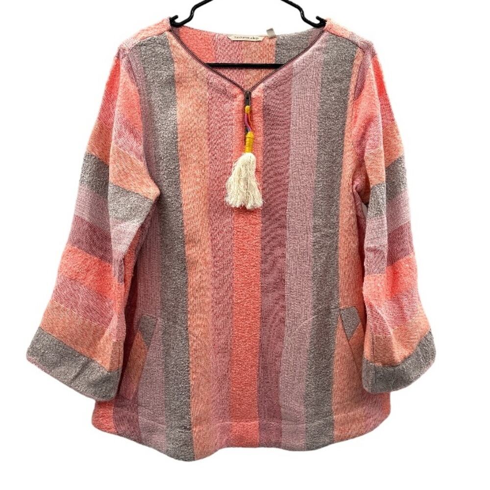 Soft Surroundings Pink, Peach & Gray‎ Striped Zip Neck Tassel Sweater Size M